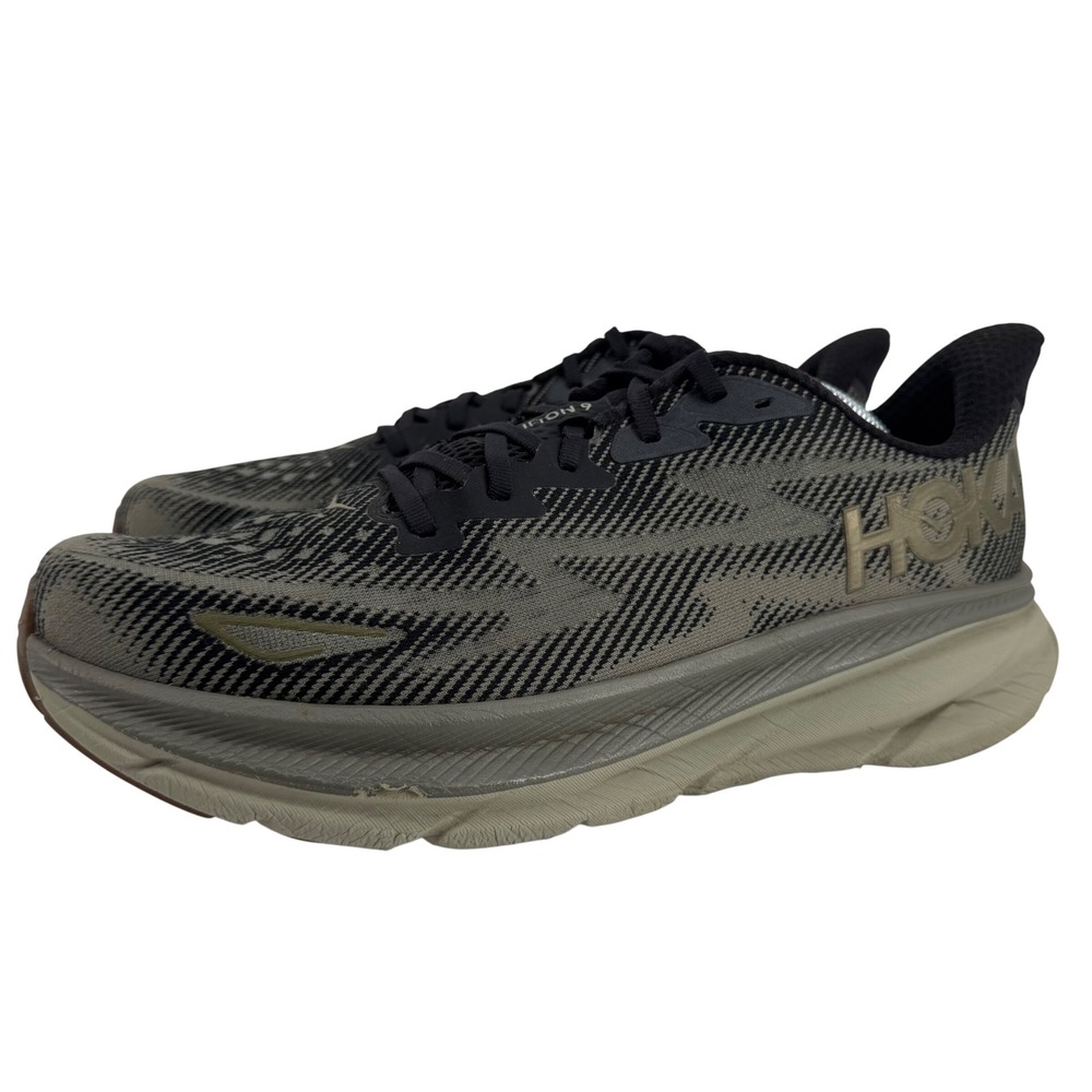 Hoka Clifton 9 Running Shoes Mens 11.5 Black Olive Green Knit 1127895 BLCKS